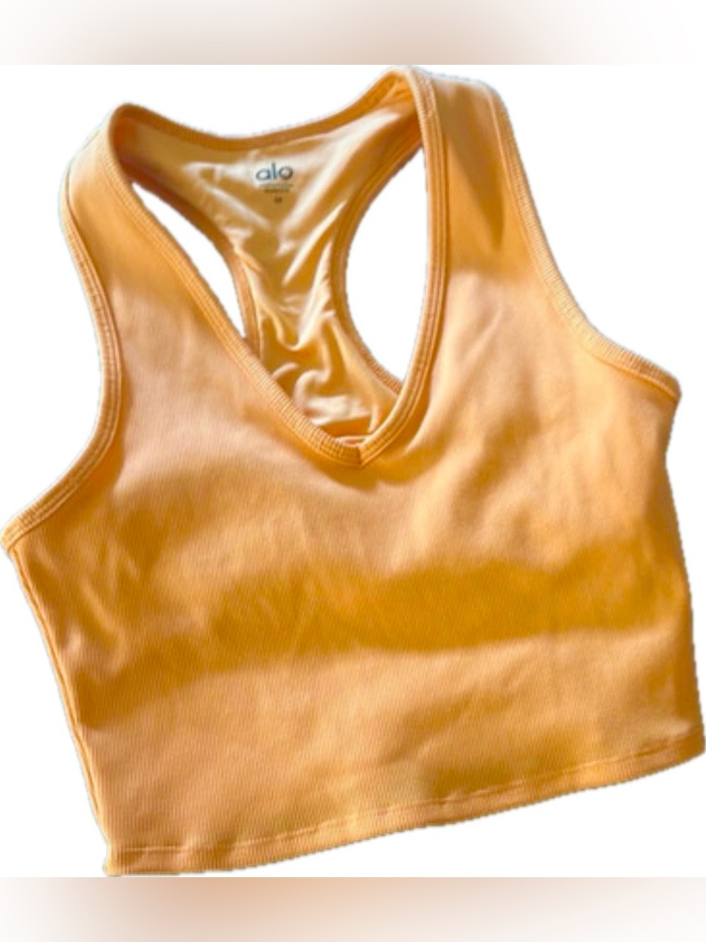 ALO Yoga Goddess Ribbed Cropped Racerback Tank in Cantaloupe, size M
